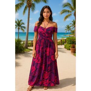 S/W/F Tropical Pink & Purple Off-Shoulder Maxi Dress vacation size S NWT